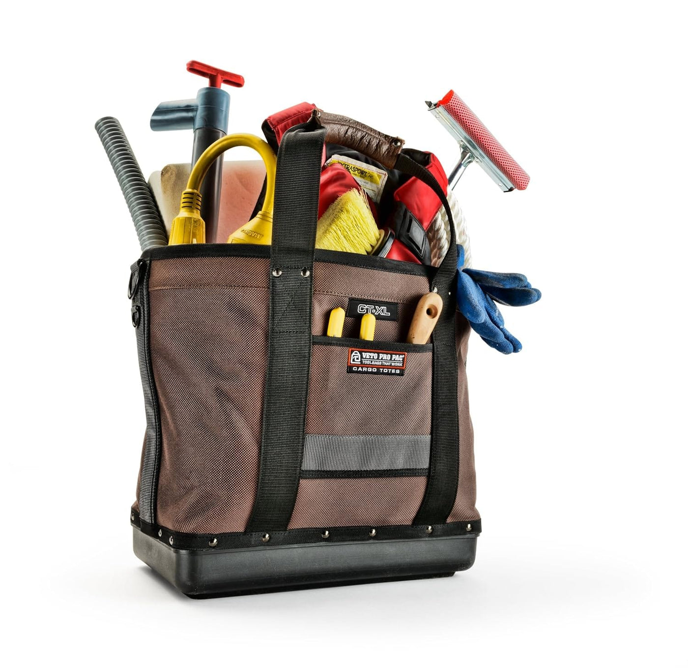 The VET Cargo Tote is a high-quality tool storage solution filled with various tools, including a caulking gun, paint roller, gloves, and other hand tools, all showcased against a white background.