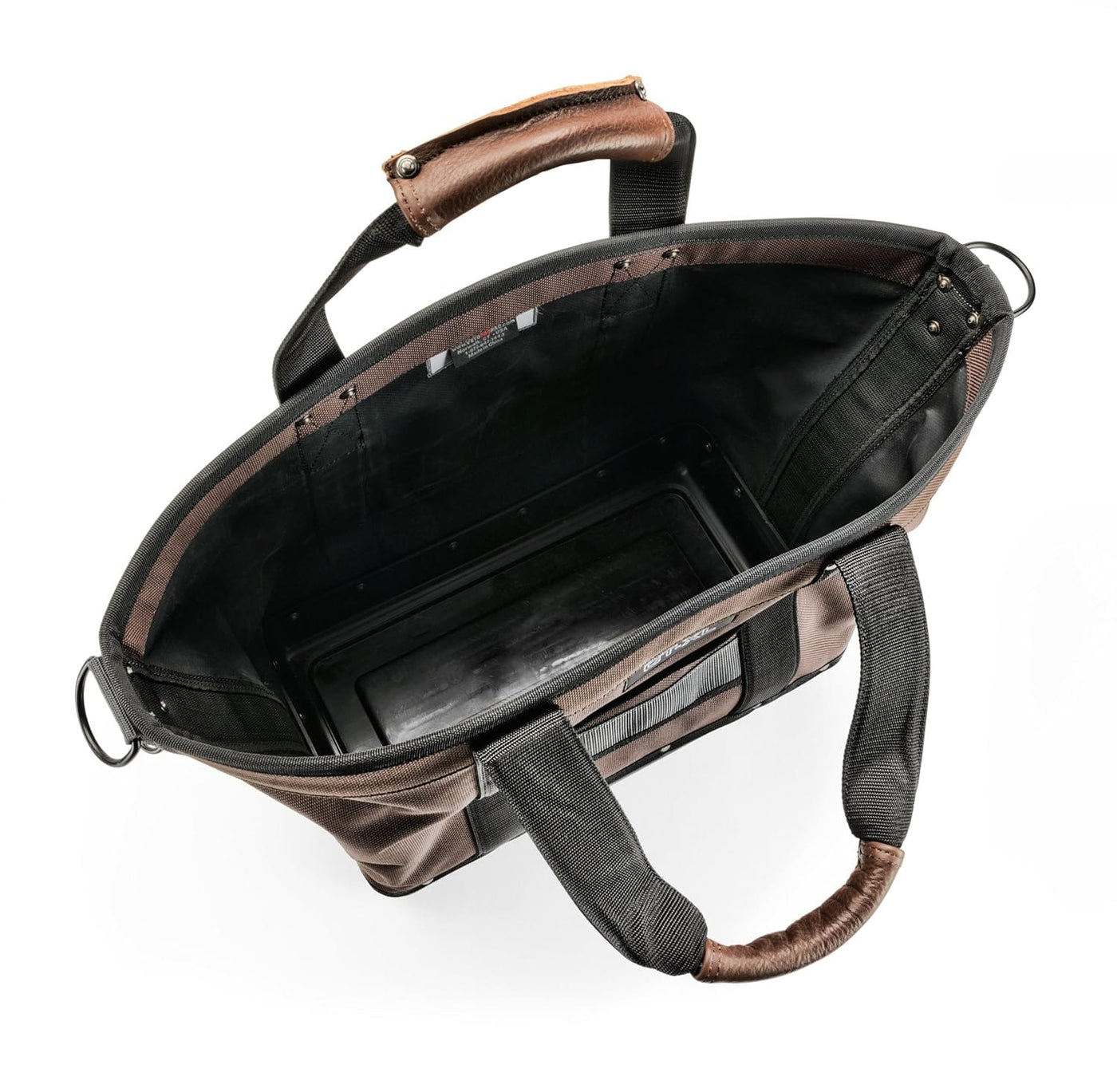 Open top view of an empty brown and black VET Cargo Tote with reinforced handles, a sturdy inner lining, and a rugged tote design for high-quality tool storage.