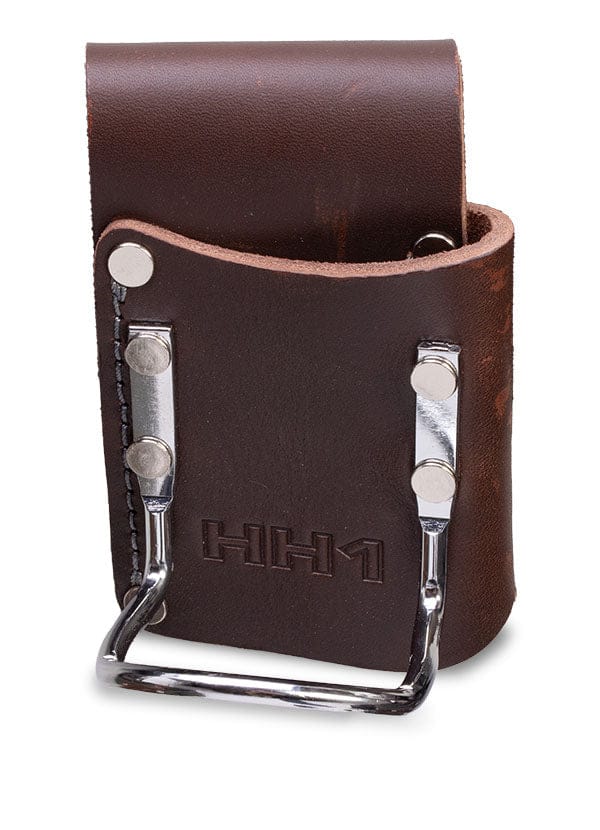 Dark brown leather Builder's Belt tool holder by VET with silver metal rivets and a curved metal loop. Embossed with HH1 on the front, it’s designed to pair perfectly with a padded tool belt.
