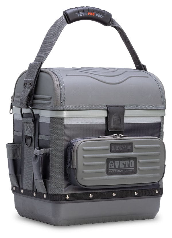 The VET Veto Pro Pac Cooler is a gray tool bag with a handle, multiple exterior pockets, and a "Veto Pro Pac" logo on the front. Its lunchbox-sized design and magnetic latch make it perfect for keeping your tools organized and secure.