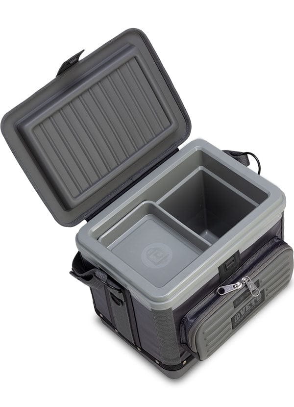 The Veto Pro Pac Cooler by VET offers convenience with its zippered front pocket and magnetic latch, and combines functionality with a sleek gray and black design.