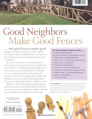 Back cover of The Fence Bible by Workman-Storey, showing photos of fences and gates, building tools, a summary of topics on planning and installation, and a scenic fenced yard at the top.