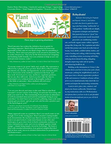 The back cover of Rainwater Harvesting for Drylands and Beyond, Vol. 2 (Penguin Random House) features an illustrated garden with rain, plants, and a shovel. It includes a book summary, reviews, author photo, and barcode at the bottom right.
