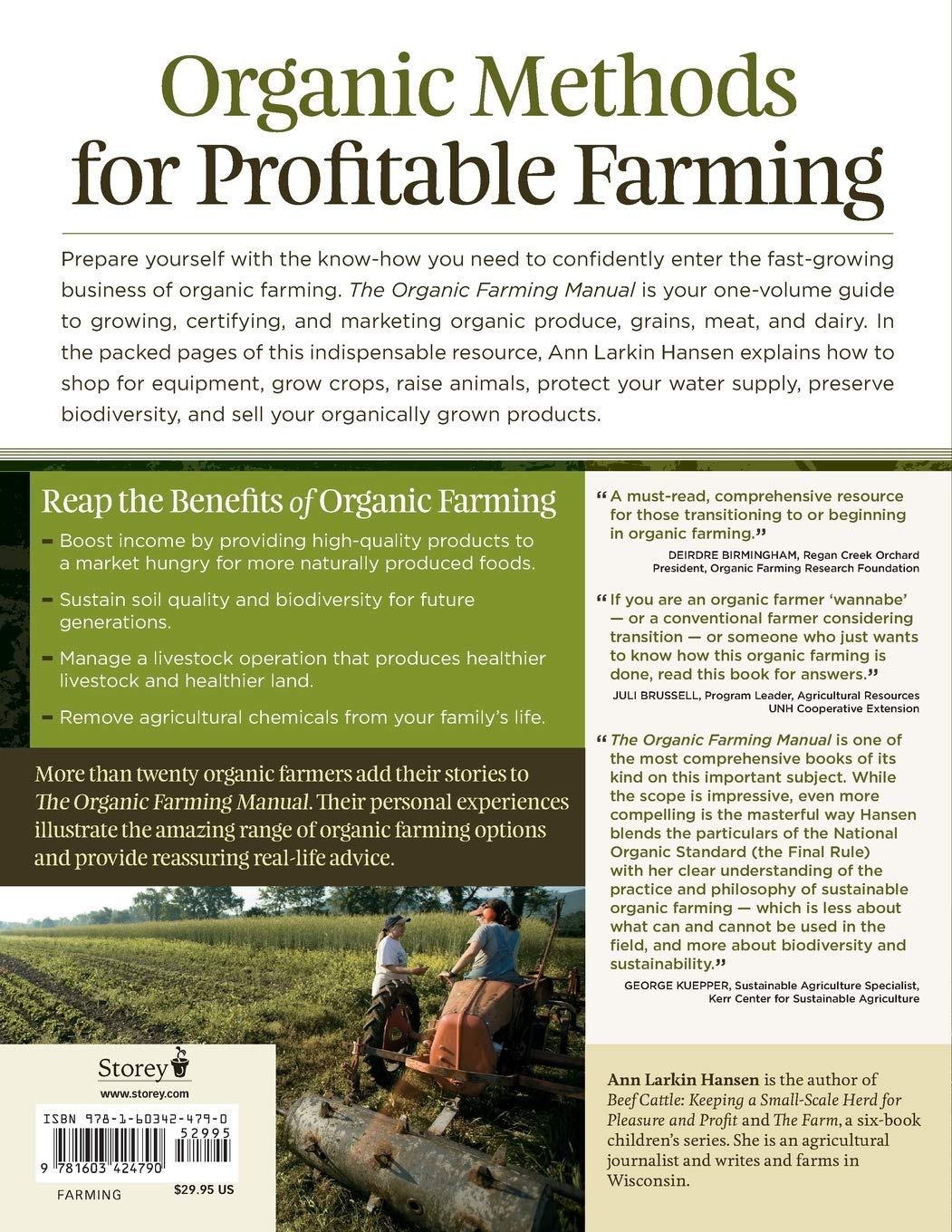 A book cover titled "The Organic Farming Manual: A Comprehensive Guide to Starting and Running a Certified Organic Farm" by Ann Larkin Hansen from Workman-Storey, detailing various sustainable techniques for successful organic farming.