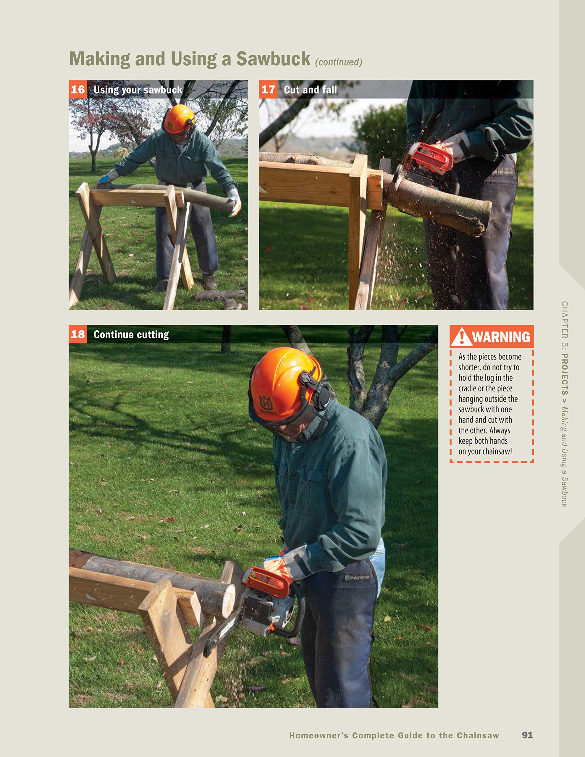 Here's a three-step guide on woodcutting using a sawbuck: setup, initial cut, and ongoing cutting with a chainsaw. Refer to "Homeowner's Complete Guide to the Chainsaw" by FOX for comprehensive instructions and important chainsaw safety warnings.