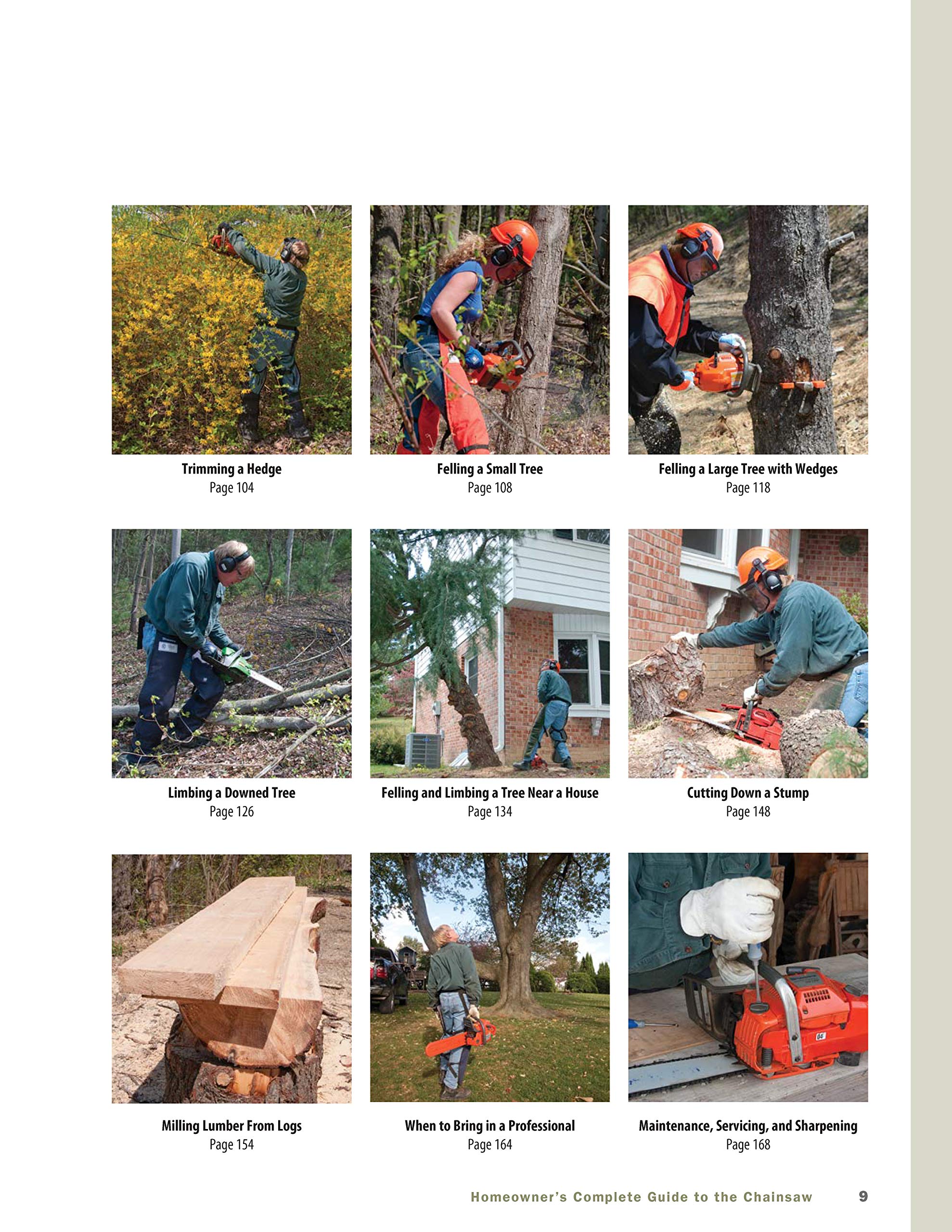 The *Homeowner's Complete Guide to the Chainsaw* by FOX is a comprehensive resource that illustrates various chainsaw operations, including trimming a hedge, felling both small and large trees, limbing a downed tree, milling lumber, and performing maintenance tasks, all with a strong emphasis on chainsaw safety.