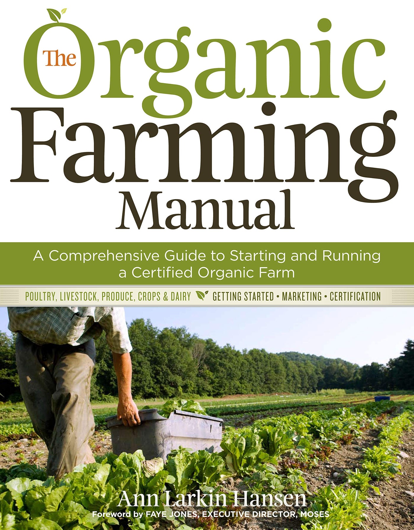 Cover of "The Organic Farming Manual: A Comprehensive Guide to Starting and Running a Certified Organic Farm" by Ann Larkin Hansen, featuring a farmer working in a green field. Published by Workman-Storey, the cover highlights it as an essential guide on initiating and managing a certified organic farm with an emphasis on sustainable practices necessary for achieving organic certification.