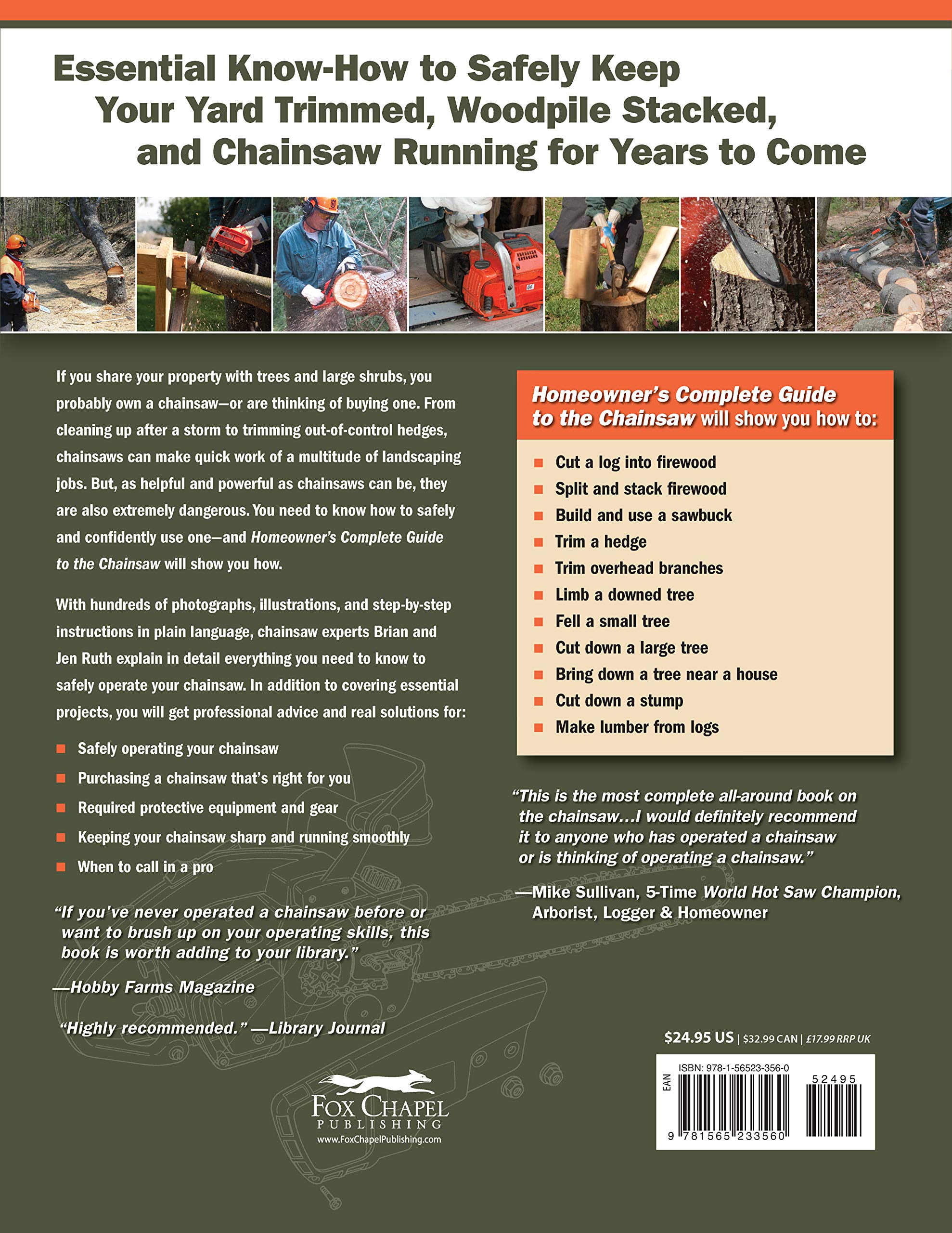 Back cover of the FOX-branded book titled "Homeowner's Complete Guide to the Chainsaw" featuring images of chainsaw usage, a summary of contents, chainsaw safety tips, endorsements, and pricing information.