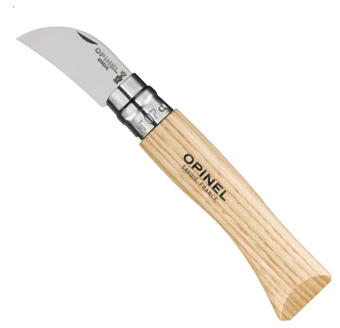 The Opinel No.07 Folding Chestnut and Garlic Knife features a curved stainless steel blade and a light wood handle, partially open to display its grain. Branded with Opinel Savoie France, it’s ideal for chestnuts and garlic.