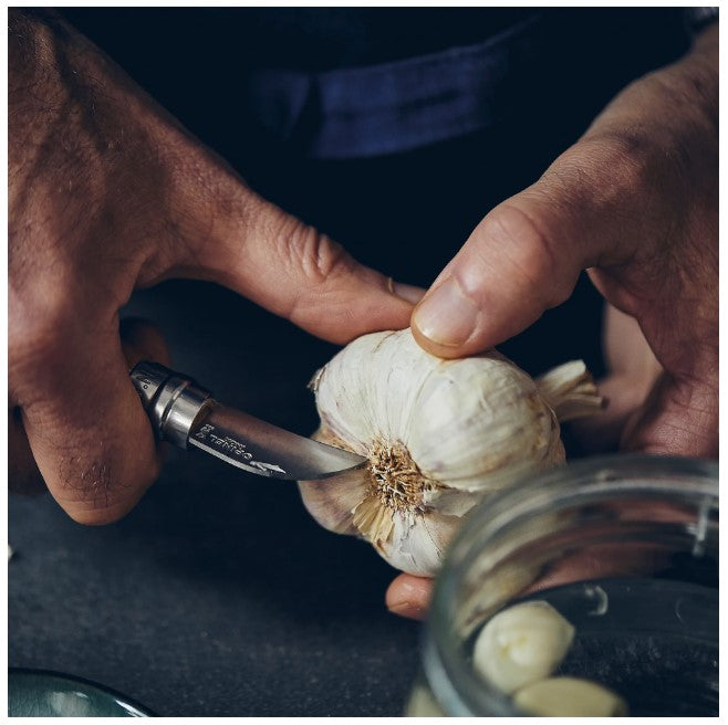A person uses the Opinel No.07 Folding Chestnut and Garlic Knife to trim a garlic bulbs root. In the foreground, a glass jar contains peeled garlic cloves.