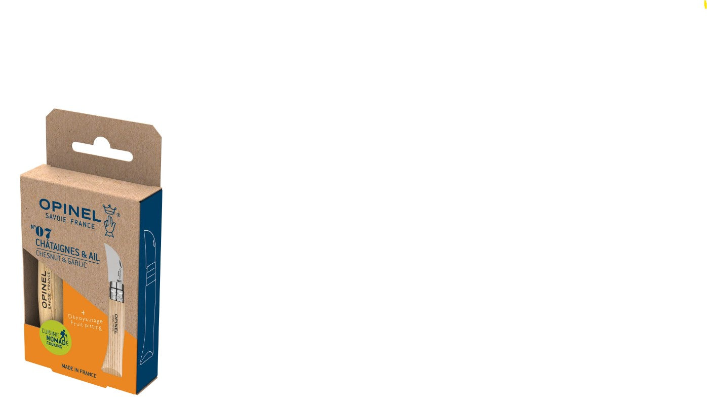 A cardboard box for the Opinel No.07 Folding Chestnut and Garlic Knife with a stainless steel blade, featuring the product name, brand, and an illustration of the knife on a blue and orange background.
