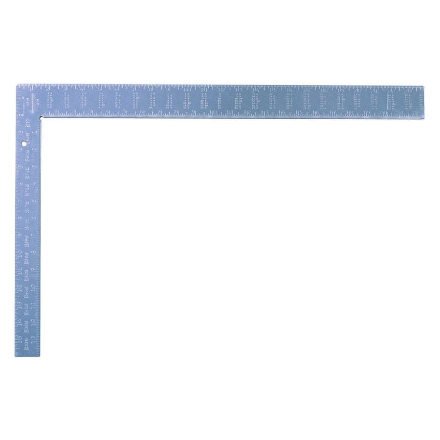 The SWA Swanson Aluminum Framing Square, featuring measurement markings for accurate stud layout, is displayed forming a right angle on a white background.