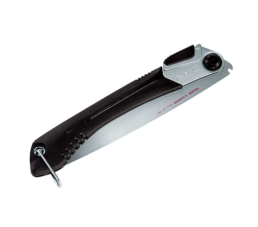 The TAJ Folding G-Saw features a convenient black folding handle and a silver blade with 9 TPI blades. Its elastomer grips offer superior comfort even when the blade is partially extended.