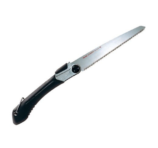 The TAJ Folding G-Saw features a black elastomer grip and a toothed metal blade with 9 TPI extended.