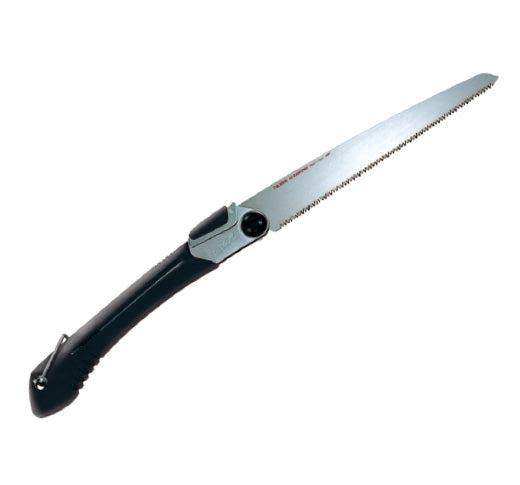 The TAJ Folding G-Saw, equipped with a black elastomer grip handle and a curved blade featuring sharp 9 TPI teeth, is shown in an open position.