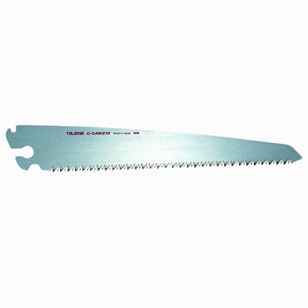 The TAJ Folding G-Saw hand saw blade, labeled "Made in Japan," features sharp, serrated teeth and a two-hole attachment point for precise cutting with its 9 TPI blades.