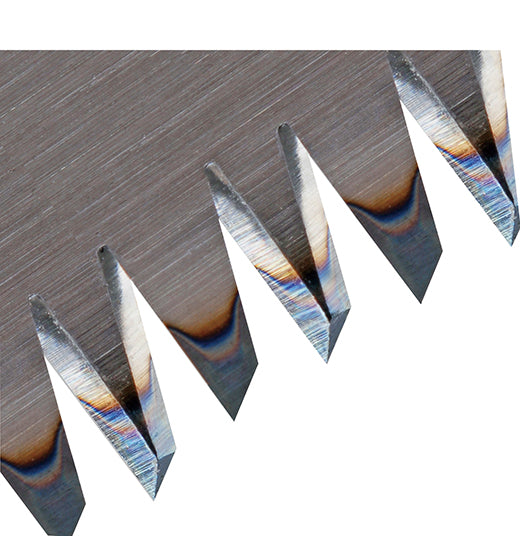 Close-up image of the sharp, pointed teeth of the TAJ Folding G-Saw with 9 TPI blades, displaying the cutting edges and heat discoloration.
