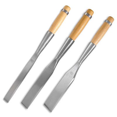 Three Barr Timber Framing Chisels from the renowned brand BAR, featuring hand-forged wooden handles and durable metal blades reminiscent of traditional woodworking tools, are arranged side by side.