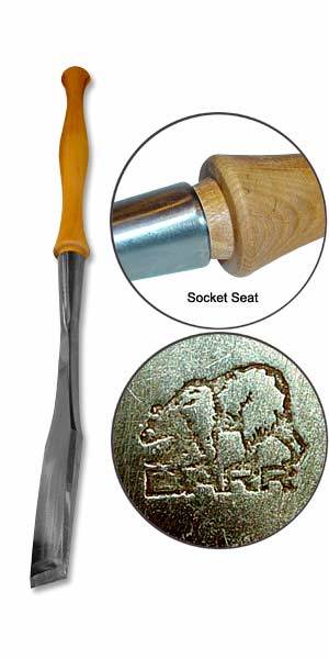 Image of the Barr Slick 5 inch sole woodworking chisel by BAR, featuring a wooden handle and highlighting the socket seat. A close-up of an engraved animal on the blade is also shown. This Japanese Slick is an essential heavy tool for timber framing enthusiasts.
