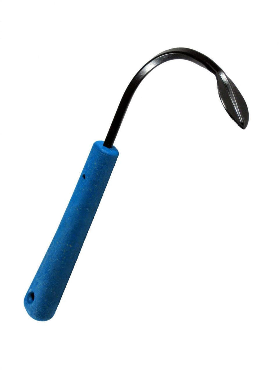The Cobrahead Weeding Tool by CHC is a curved handheld gardening device featuring an ergonomic blue rubber handle and a small metal blade, ideal for precision tasks.