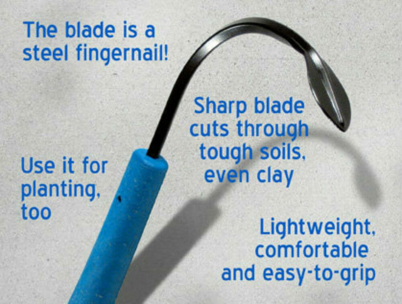 A close-up of The Cobrahead Weeding Tool by CHC features a blue ergonomic handle and curved steel blade. Text emphasizes its sharpness, versatility for planting, and lightweight comfort. Ideal for use as a hand cultivator or weeder.