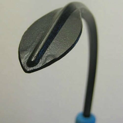 Close-up of The Cobrahead Weeding Tool by CHC, featuring a black, curved metal design with a leaf-shaped grooved tip and an ergonomic handle against a plain background.