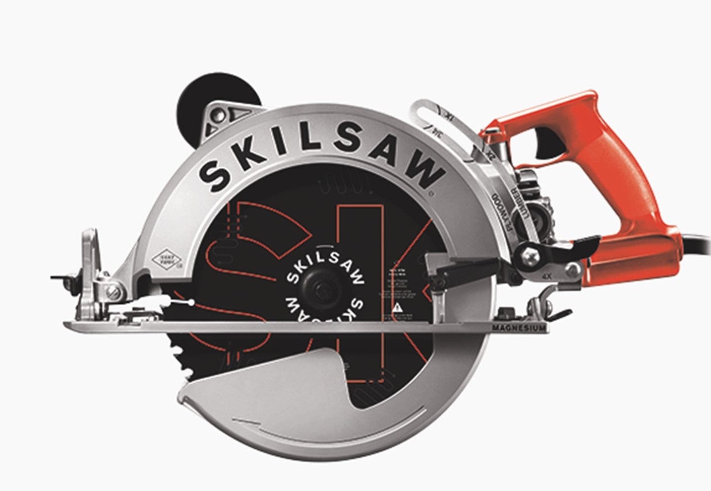 The CHV Skilsaw Circular Saw 10-1/4-in features a red handle and durable metal guard, ideal for professional contractors. With its magnesium worm drive, this tool offers precision and reliability on the job site.