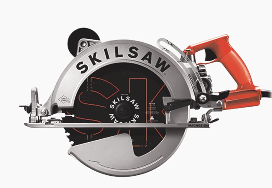 The CHV Skilsaw Circular Saw 10-1/4-in features a red handle and durable metal guard, ideal for professional contractors. With its magnesium worm drive, this tool offers precision and reliability on the job site.