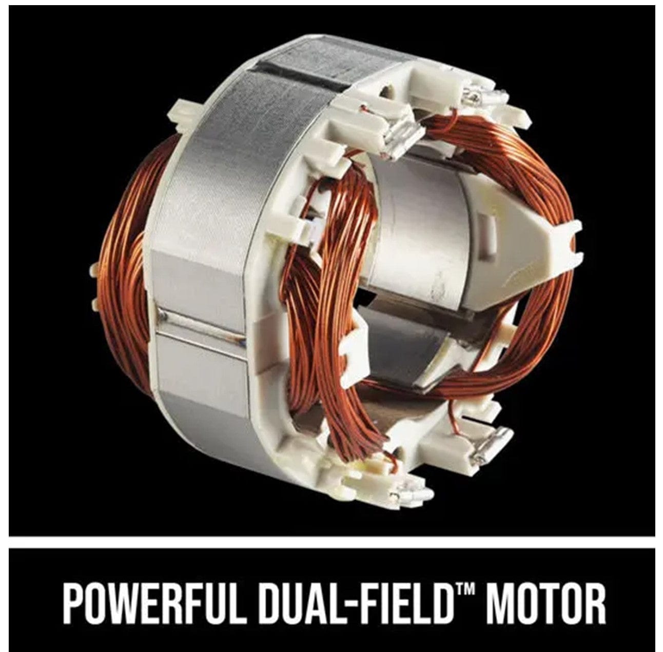 Close-up of the CHV Skilsaw Circular Saw 10-1/4-in Magnesium Worm Drive's powerful dual-field motor with copper windings against a black background. Text below reads: "Powerful Dual-Field™ Motor." Ideal for professional contractors, ensuring unrivaled durability and performance.