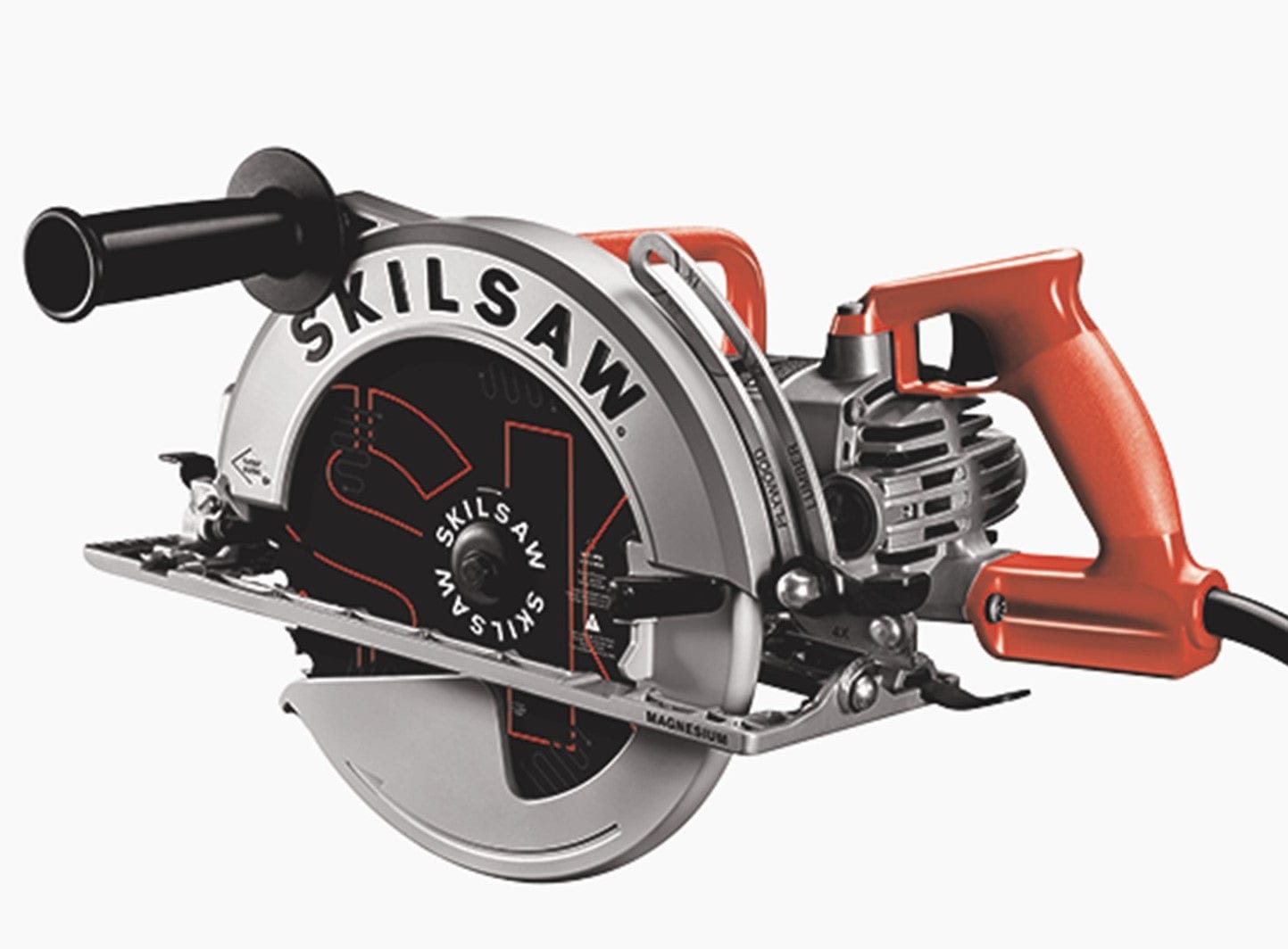 A CHV Skilsaw Circular Saw 10-1/4-in with a red and black handle and large round blade shines against a white background, designed for professional contractors. Its durable Magnesium Worm Drive ensures precision on every cut.