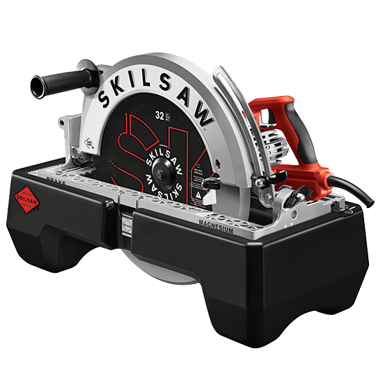 A CHV brand Skilsaw Circular Saw 16-5/16-in Worm Drive features a red and black handle, a large circular blade marked "32", and a stabilizing base. Boasting precision and power, its 16-5/16 inches size ensures efficiency for all your cutting needs.