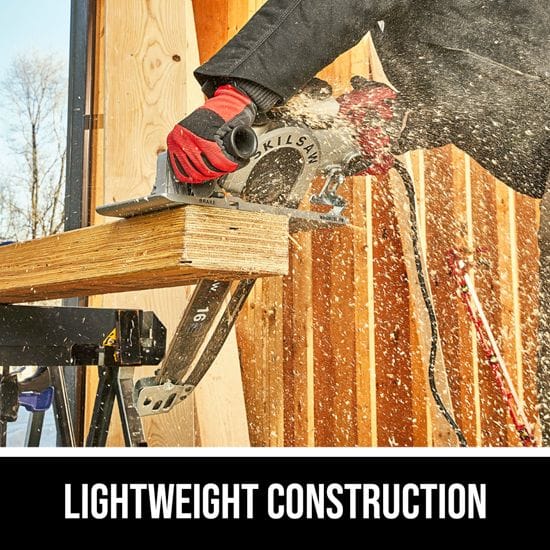 At a bustling construction site, a worker expertly uses the CHV Skilsaw Beam Saw 16-in Worm Drive to cut wood with precision. Its innovative gearing ensures accuracy, while "Lightweight Construction" signifies reliability and ease of use.