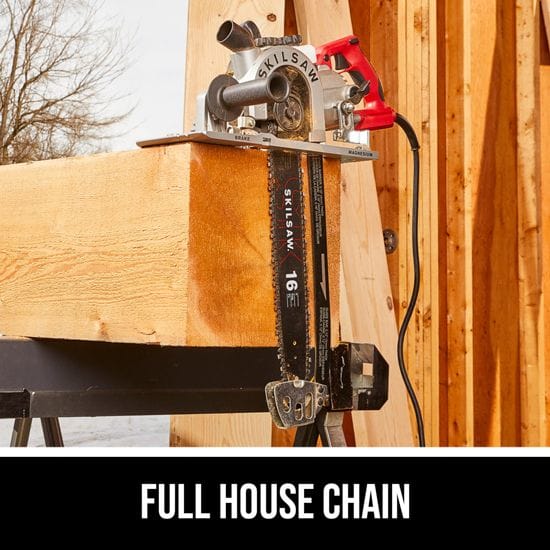 A CHV Skilsaw Beam Saw 16-in Worm Drive is mounted on a wooden beam frame outdoors. The blade, marked "16E," features the text "Full House Chain," showcasing its carpentry chainsaw capabilities.