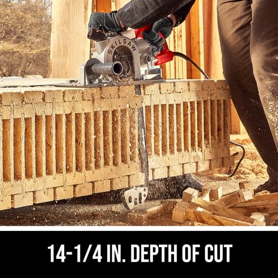 A person skillfully maneuvers a CHV Skilsaw Beam Saw 16-in Worm Drive, slicing through dense wood and creating a flurry of sawdust. Text below states: "14-1/4 in. depth of cut.