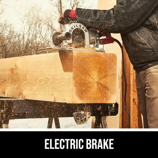A CHV Skilsaw Beam Saw 16-in Worm Drive, equipped with an electric brake, expertly cuts a large wooden beam on a sawhorse using its advanced gearing.