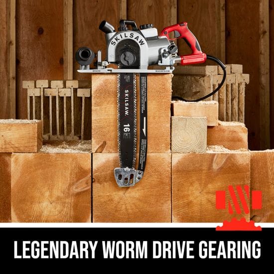 A CHV Skilsaw Beam Saw 16-in Worm Drive stands vertically on stacked lumber. Text reads "Legendary Worm Drive Gearing" with a red saw logo, symbolizing precision in carpentry chainsaws.