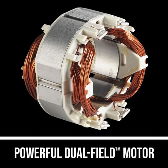 An image of a powerful dual-field motor with coiled copper wires visible, reminiscent of the robust design in a Skilsaw Circular Saw 16-5/16-in Worm Drive by CHV, set against a black background with the text "POWERFUL DUAL-FIELD™ MOTOR" at the bottom.