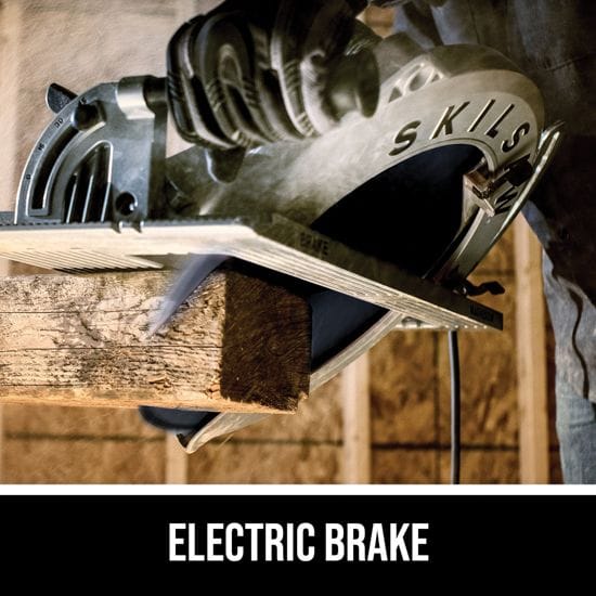 A CHV Skilsaw Circular Saw 16-5/16-in Worm Drive with its blade partially embedded in a wooden plank during cutting, featuring an electric brake.