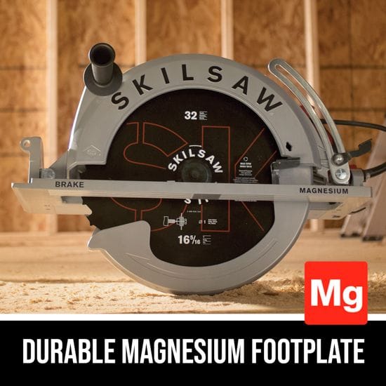 Close-up of the CHV Skilsaw Circular Saw 16-5/16-in Worm Drive with a durable magnesium footplate, set against a wooden construction backdrop.
