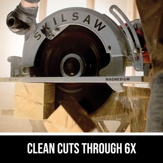 A CHV Skilsaw Circular Saw 16-5/16-in Worm Drive is cutting through a wooden beam. Text at the bottom reads, "CLEAN CUTS THROUGH 6X.