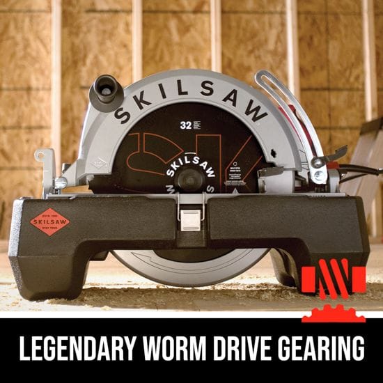 A CHV Skilsaw Circular Saw 16-5/16-in Worm Drive displayed on a wooden surface with the text "LEGENDARY WORM DRIVE GEARING" below it. The saw is prominently marked with the brand name and model information.