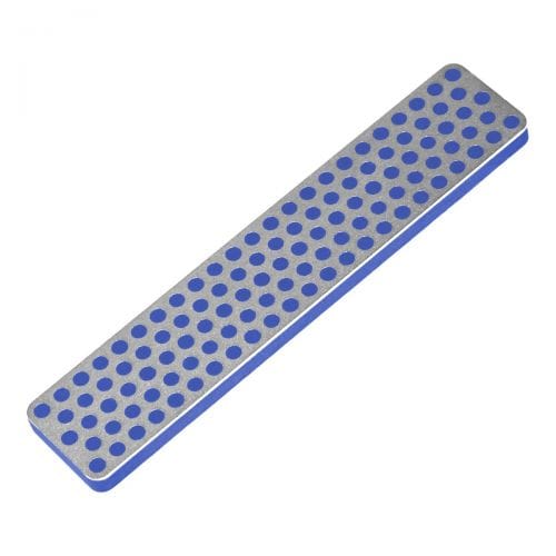 The DMT Diamond Whetstone with Sheath is a 4” sharpener featuring a sturdy blue plastic base, a metal surface with a grid of circular holes, and durable construction for long-lasting use.
