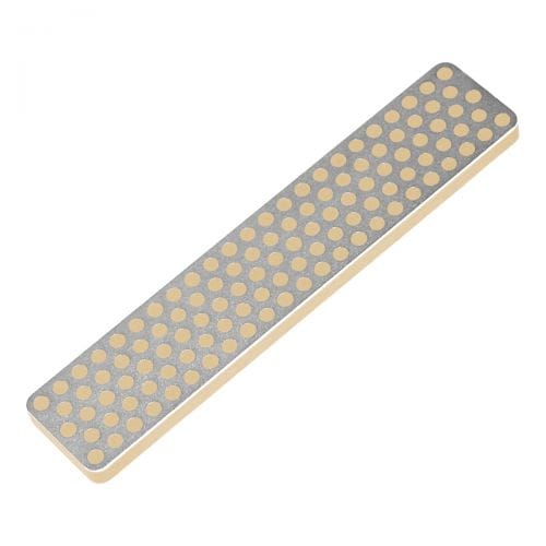 DMT's Diamond Whetstone with Sheath is a rectangular 4-inch sharpener that features a metal surface with a grid pattern of circular holes, offering durable construction and comes complete with a protective sheath.