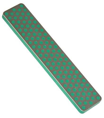 A DMT Diamond Whetstone with Sheath, featuring a 4” abrasive surface with a green polka dot pattern, durable construction, and a protective sheath for easy storage.