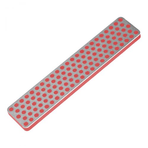A DMT Diamond Whetstone with Sheath, a rectangular 4” sharpener featuring a metal surface covered in red dots, durable construction, and a protective sheath.
