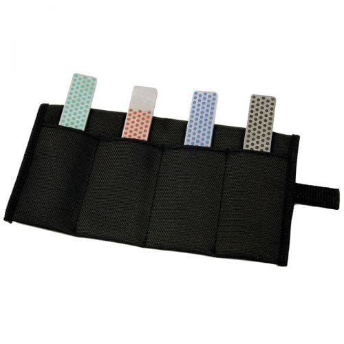 The DMT Diamond Whetstone with Sheath is a black tool roll that includes four durable 4” Diamond Whetstone sharpeners, each in different colors: green, red, blue, and gray. The construction features a protective sheath for each sharpener.
