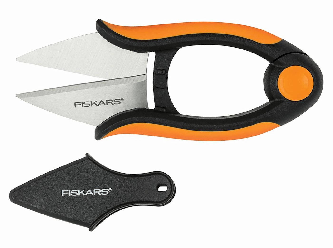 FIS Fiskars Herb Snips 5 feature stainless steel blades, an orange and black handle partially open, and a black blade cover beside them for safe storage.