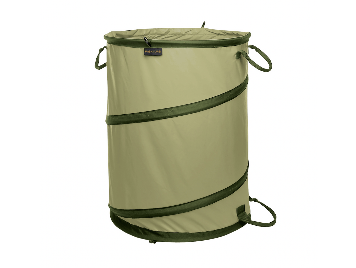 The FIS Fiskars Kangaroo Gardening Container is a tear-resistant green collapsible bag with dark green handles and trim, perfect for yard waste.