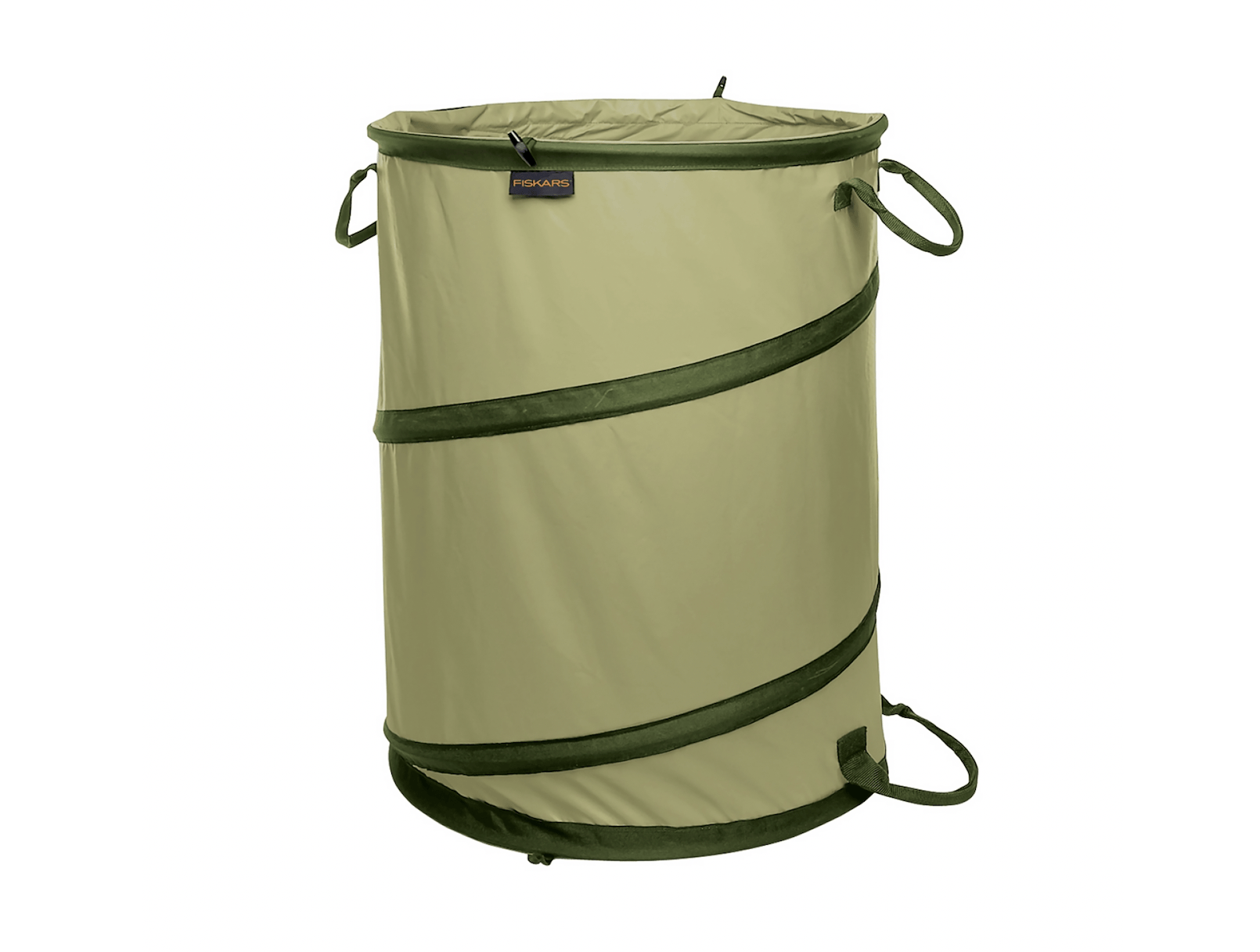 The FIS Fiskars Kangaroo Gardening Container is a tear-resistant green collapsible bag with dark green handles and trim, perfect for yard waste.