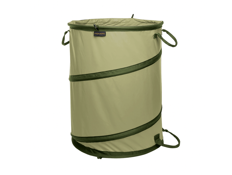 The FIS Fiskars Kangaroo Gardening Container is a tear-resistant green collapsible bag with dark green handles and trim, perfect for yard waste.